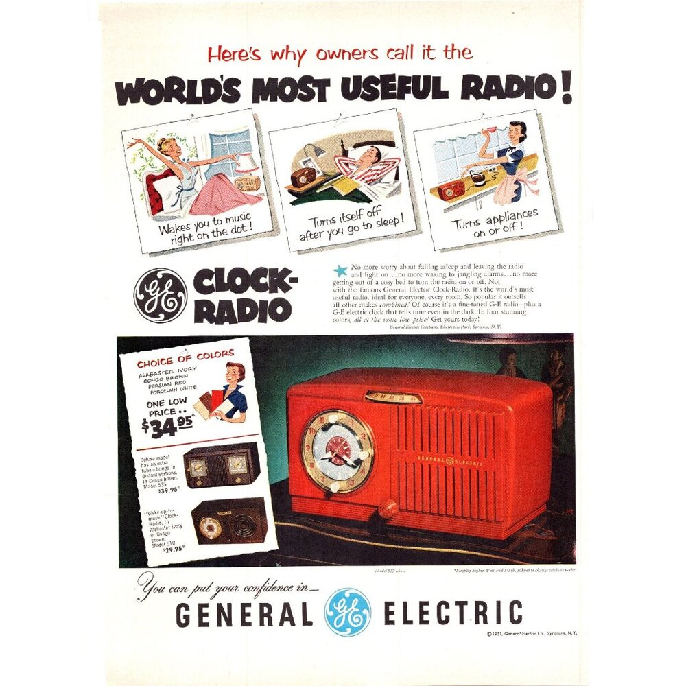 1951 GE General Electric Red Clock Radio Model 517 Vintage Print Ad 50s Wall Art